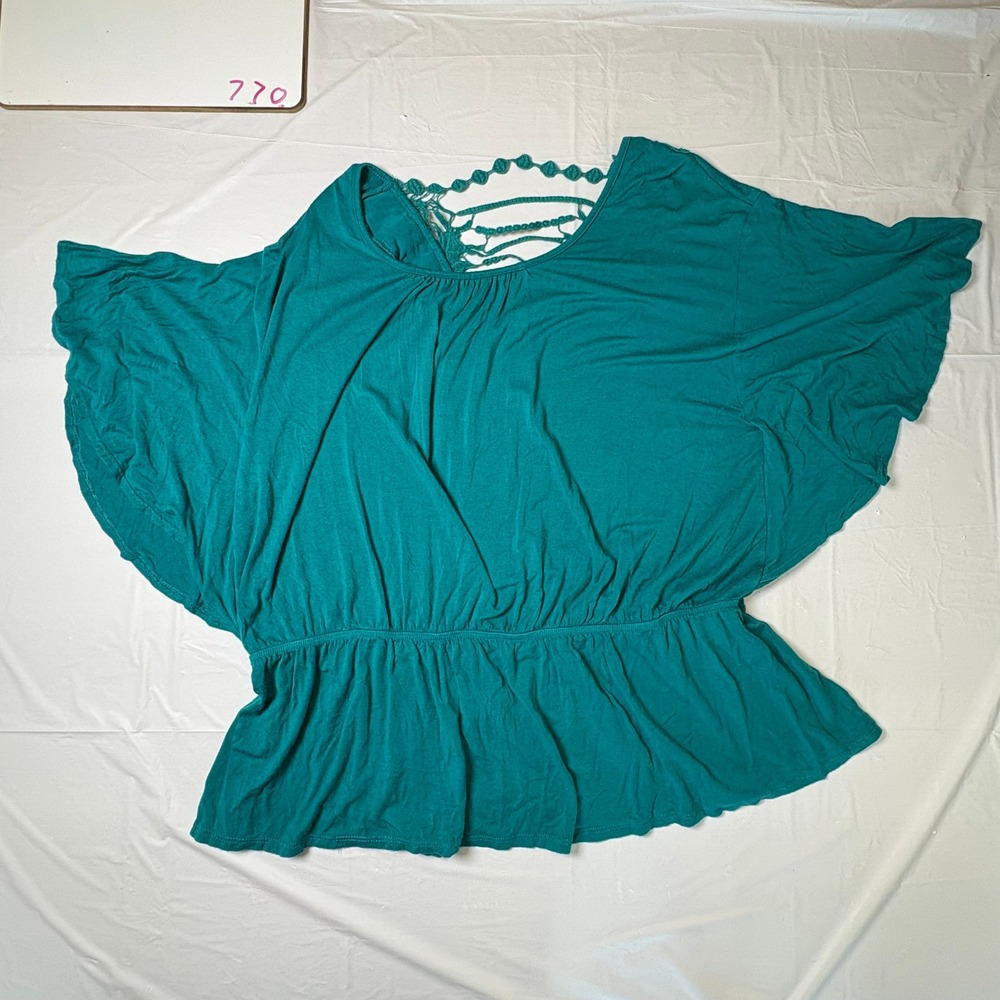 ING Teal Green Peplum Top Butterfly Sleeve Crochet‎ Lace Back Cutout USA Made